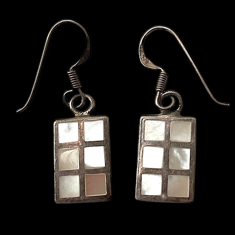Sterling Silver Mother of Pearl Square Southwestern Dangle Earrings